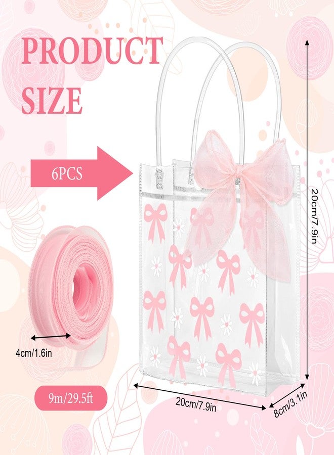 ROBOHOOK 6 PCS Clear Gift Bags with Handles, Reusable Bow Goodie Bags, Comes with a Roll of 9m Pink Ribbon Suitable for Weddings Birthdays Baby Showers Etc - Image 2